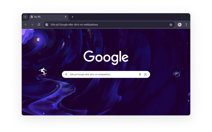 Uma interface abstrata do Chrome cercada por ícones que representam categorias de extensões do navegador. Os ícones representam Compras, Entretenimento, Ferramentas, Arte e Design e Acessibilidade.